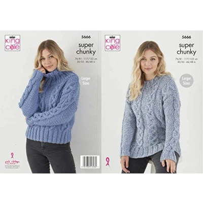 Image of King Cole Ladies Super Chunky Knitting Pattern Round or Polo Neck Sweater (5666)