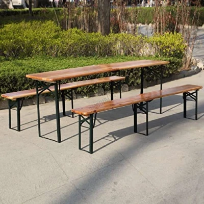Image of BIRCHTREE 3 Pieces Outdoor Patio Wooden Top Vintage Folding Beer Picnic Dining Table Bench Set Party Pub Garden Furniture Steel Legs 220cm Natural