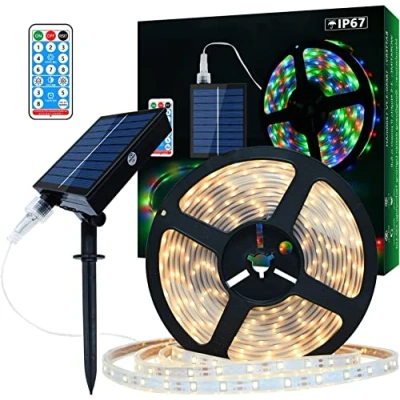 Image of Lumtang Solar LED Strip Outdoor, 10 m Total 560 LEDs, Dimmable Light Strips with Remote Control, Warm White Lights for Garden Trees, Home, Christmas, Holiday, Patio, Party Decoration