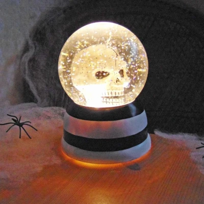 Image of Halloween Decoration Skull Snow Globe Water Filled Glitter Black White Base Battery Operated Party Ornament 14cm