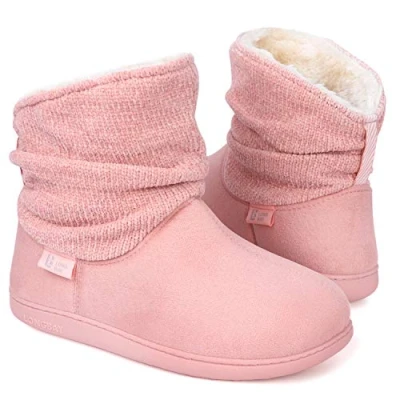 Image of LongBay Ladies&#039; Warm Chenille Knit Bootie Slippers Comfy Suedette Fluffy Faux Fur Memory Foam Boots House Shoes(5 6 UK,Pink)
