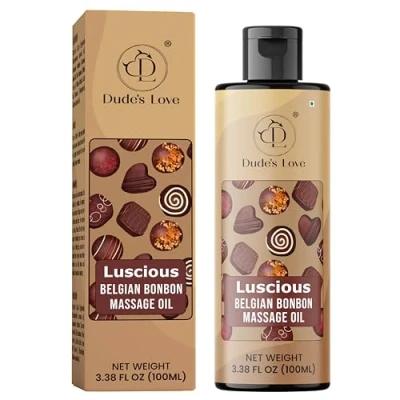 Image of Dude&#039;s Love Luscious Belgian Bonbon Chocoalte Massage Oil Natural Pleasant Aroma, for Men &amp; Women, Nourishing Moisturizing 100 ML (3.38 Fl Oz)