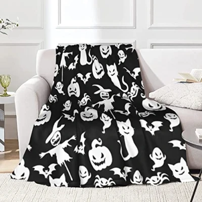 Image of JOOCAR Halloween Flannel Throw Blanket 40x50 Inch, Evil Party Cat Ghost Pumpkin Bat Spider Scarecrow Black and White Cozy Soft Plush Warm Blankets for Bed Couch Living Room Sofa Chair