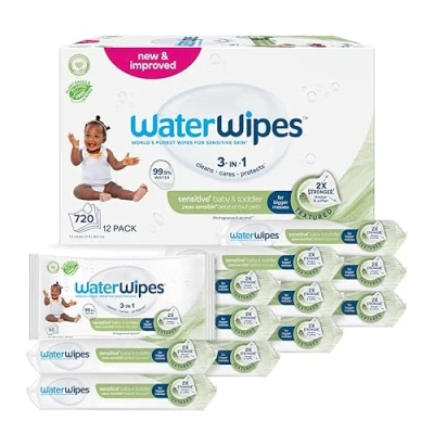 Image of WaterWipes Plastic Free Textured Clean, Toddler &amp; Baby Wipes, 720 Count (12 Packs), 99.9% Water Based Unscented for Sensitive Skin (Packing May Vary)