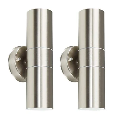 Image of Pair of Modern Stainless Steel External Up/Down IP44 Rated Outdoor Security Wall Lights Complete with 5w GU10 LED Bulbs [3000K Warm White]
