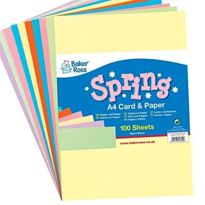 Image of Baker Ross AX707 A4 Spring Colours Card and Paper Pack of 100 Sheets,Value Creative Art Supplies for Kids,Yellow,Blue,Green,Pink