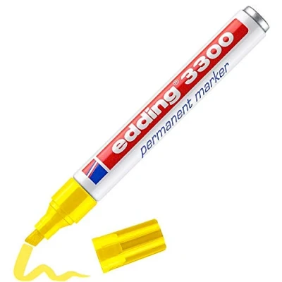 Image of edding 3300 permanent marker yellow 1 pen chisel nib 5 mm quick drying markers waterproof, smudge proof for cardboard, plastic, wood, metal, fabric pens