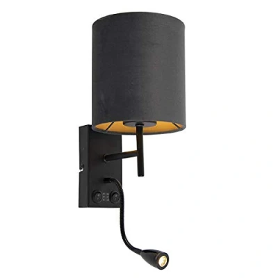 Image of Qazqa Art Deco Wall Lamp I Light Black with Velvet Dark Gray Shade Stacca LED 1 Steel Suitable for Living Room Kitchen Bedroom