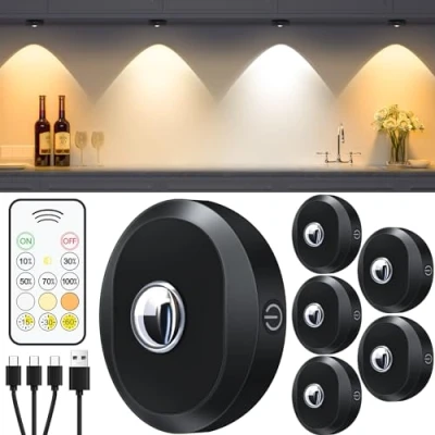 Image of WILLED Under Cabinet Kitchen Lights Rechargeable, LED Puck with Remote Control, 3 Color Temperatures, Timing Function, Stick on for Cupboards, Cabinets and Closet (6 Pack)