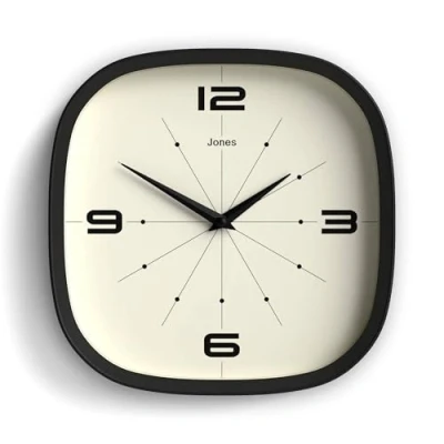 Image of Jones Clocks® Pulsar wall clock Retro rounded square 25cm Black Cool designer look for kitchen, living room or office