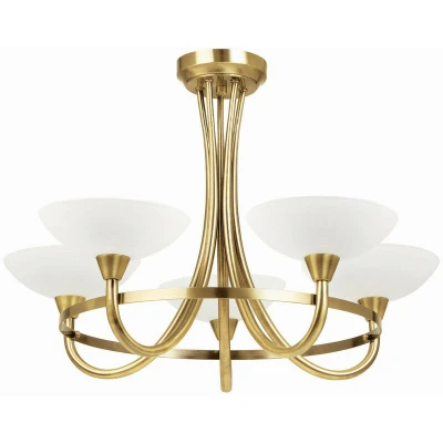 Image of Cagney 5 Light Semi Flush Multi Arm Ceiling Antique Brass, White Glass, G9