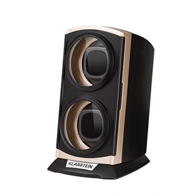 Image of KLARSTEIN St. Gallen Premium watch winder, 2 watches, 4 speeds, 3 rotation modes, acrylic glass viewing window, blue LED lighting, quiet, abrasion resistant, durable plastic, black/champagne