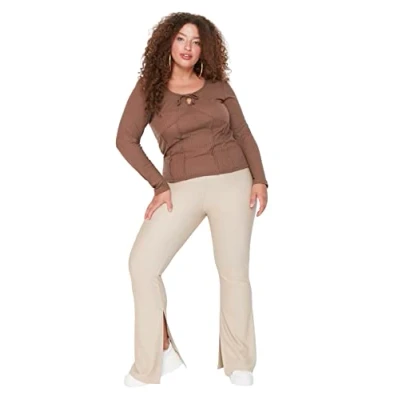 Image of Trendyol FeMan Plus Size High Waist Wide Leg Flare Trousers Beige