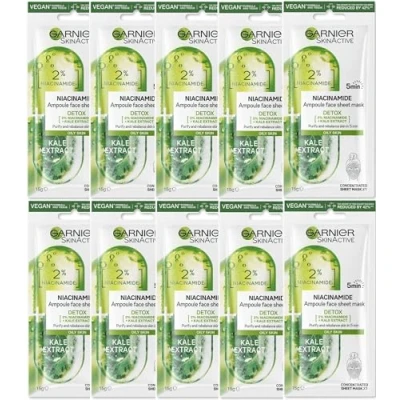 Image of 10 X Garnier Skin Active Niacinamide Ampoule Detox Face Sheet Mask 15g Oily