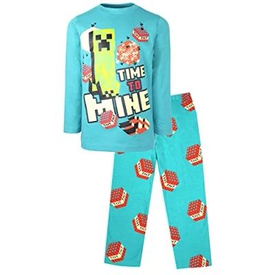 Image of Minecraft Boys Pyjamas 100% Cotton Long Sleeve Pyjama Set Blue Pjs Creeper Clothes Birthday Boy Gifts Age 9 10 Years