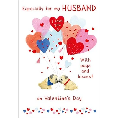 Image of Nigel Quiney Valentines Day Card Husband Pugs Heart Balloons