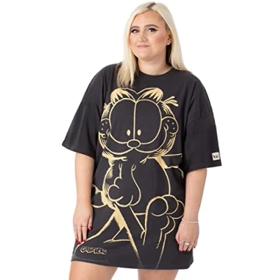 Image of Garfield Womens T Shirt Dress Charcoal Grey &amp; Orange Classic Oversized Graphic Tee Ladies Cartoon Lazy Tabby Cat Outfit Cute Fashionable Movie Merchandise Gift Top for Adults