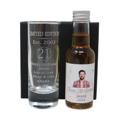 Image of Regalo Laser Engraved Est 2003 21st Birthday Shot Glass Set with Personalised Photo Miniature Alcohol Bottle Gift for Son or Daughter (Amaretto/No Box) Almond Liqueur 28% vol