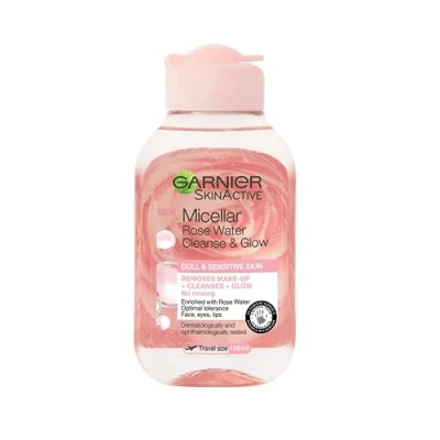 Image of Garnier Micellar Rose Cleansing Water For Dull Skin 100ml, Glow Boosting Face Cleanser &amp; Makeup Remover, Travel Size, Fragrance Free, Recognised By The British Foundation