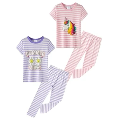 Image of SOIBEEN Girls Pyjama Set Short Sleeve T Shirt &amp; Long Pants Loungewear Unicorn Pink Striped Purple PJs for Kids Sleepwear Nightwear 7 8 Years