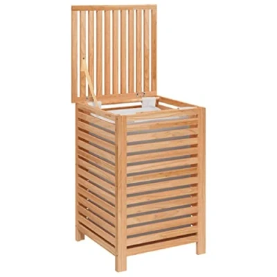 Image of vidaXL Walnut Laundry Basket Solid Wood Washing Bin 45x45x65 cm with Removable Liner, Ventilated Slatted Design, Lid for Home