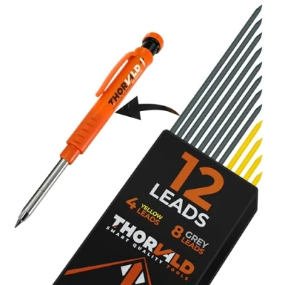 Image of THORVALD 12 Leads Carpentry Pencil Incl. 8 Grey + 4 Yellow Strong 2.8 mm for Mechanical Pencils/Wood Metal Concrete Tile