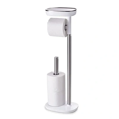 Image of Joseph Bathroom EasyStore Free Standing Toilet Paper Roll Holder with small storage shelf, Stainless Steel, 24 , White / Steel