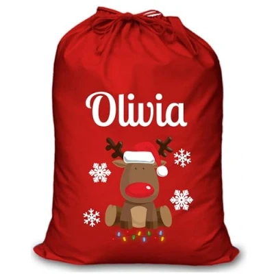 Image of Personalised Christmas Sack Santa Reindeer Red Custom Name Gift Bag for Kids &amp; Adults Festive Large Reusable Holiday Present (Reindeer)