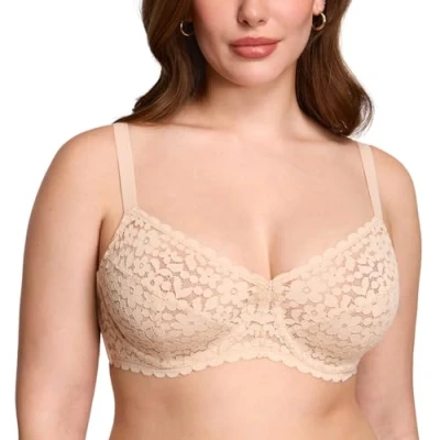 Image of DOBREVA Women&#039;s Full Coverage Bra Lace Unlined Underwire Plus Size Minimiser Beige 36E