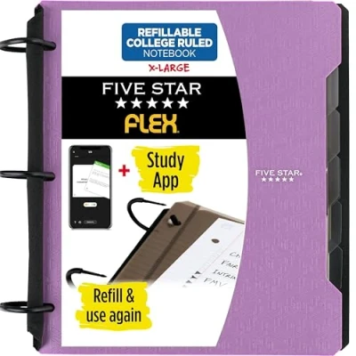Image of Five Star Flex Refillable Notebook + Study App, College Ruled Paper, 1 1/2 Inch TechLock Rings, Pockets, Tabs and Dividers, 300 Sheet Capacity, Purple (29324AB6)