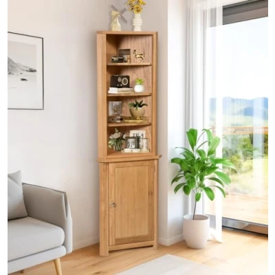 Image of Hallowood Furniture Waverly Oak Corner Display Cabinet in Light Oak, Solid Wooden Storage Unit with 5 Adjustable Shelves &amp; Small Cupboard, for Kitchen Living Room