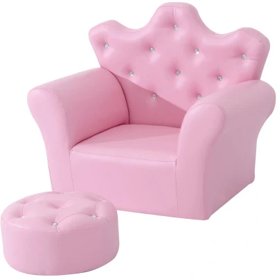 Image of HOMCOM Children Kids Sofa Set Armchair Chair Seat with Free Footstool PU Leather Pink