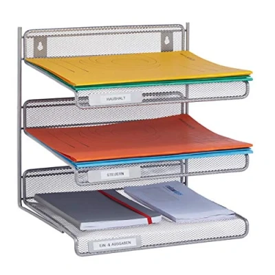 Image of Relaxdays Document Tray, Metal, Wall Mounted or Stand Up, Format DIN A4, Office Filing System, HWD: 32x33x25 cm, Silver