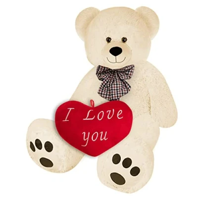 Image of Monzana® Teddy Bear with &#039;I Love You&#039; Heart Pillow XL 100cm Beige Valentine&#039;s Day Gift Soft Fur, Cute Bow Tie Perfect Present for Husband, Wife, Girlfriend or Boyfriend