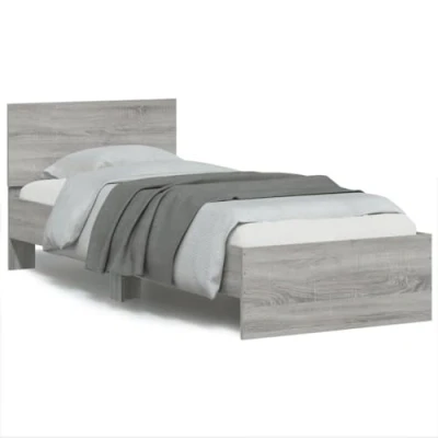 Image of vidaXL Sonoma Grey Single Bed Frame with Headboard and LED Lights Engineered Wood Plywood Slats for 90x200 cm Mattress