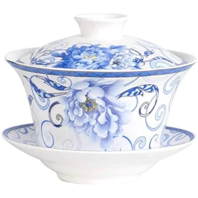 Image of Eplze YBK Tech 10oz Large Gaiwan, Porcelain Kung Fu Tea Cup and Saucer with Lid, Chinese Traditional Sancai Bowl (6#)