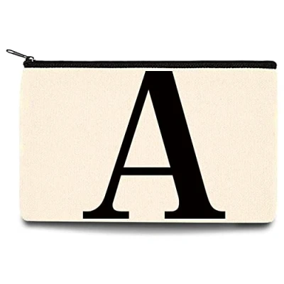 Image of 26 Letter Printed Zip Canvas Pouch Makeup Bag Make Up Bag, Cosmetic Travel Bag,Toiletry Bag,Organizer Bags,Toiletry Bags, Bride Bridesmaid Bag,Pencil Bag,Wash Bag,Coin Purse (Black A)