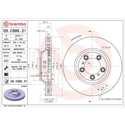 Image of 971615302, 9Y0615302 Brake disc BREMBO 09.C986.21 350mm 34mm 5 internally vented Coated High carbon PORSCHE: Panamera, Panamera Sport Turismo, Cayenne