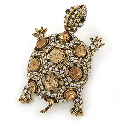 Image of Avalaya Vintage Inspired Clear/Citrine Austrian Crystals Turtle Brooch in Antique Gold Metal 55mm L
