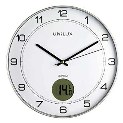 Image of Unilux Tempus 400094592 Non Ticking Silent Wall Clock 2 in 1 with Digital Display for Temperature Grey Thermometer, 30 cm, LCD Degrees Celsius Analogue