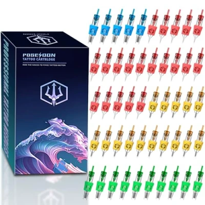 Image of Poseidon 50Pcs Tattoo Cartridge Needles Assorted Mixed Size Round Liner Shader Magnum Curved/Round Mag # 12 Standard 3RL 5RL 7RL 9RL 5RS 7RS 9RS 7RM 9RM 9M1 Disposable Membrane for Pen