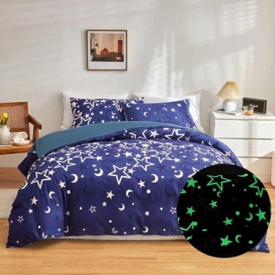Image of Galaxy Glow in The Dark Bedding Set for Girls Kids Blue Universe Starry Night Duvet Cover Super Soft 220x230cm Bed Outer Space Stars Moon Comforter Girl Bedroom