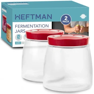Image of HEFTMAN Fermenting Jar With 1 Way Air Release Vent Litre, 2 Pack Ideal for Safe Fermentation Kefir, Kimchi, Sauerkraut, Sourdough Starter, Overnight Oats Jars of