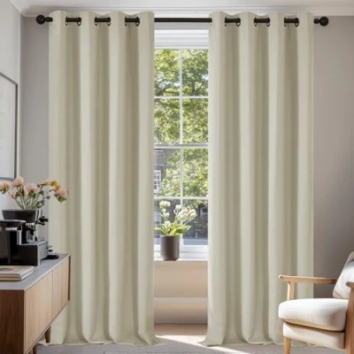 Image of Deconovo Super Soft Solid Thermal Insulated Eyelet Blackout Curtains for Living Room 55x87 Inch Two Panels Light Beige
