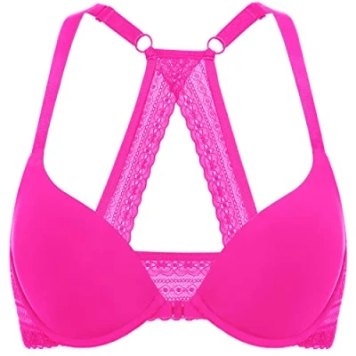 Image of DOBREVA Women&#039;s Push Up Bra Front Fastening Bras T Shirt Racer Back Padded Underwired Plunge Glitter Pink 38B