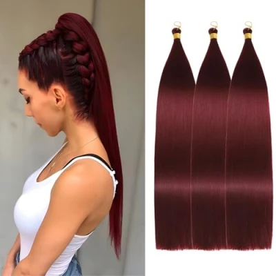 Image of Locescsoc 24 Inch Straight Hair Extensions 150g 3 Packs Bone Braiding Hair, Red Ariel Ponytail Bundles, Ombre Soft Synthetic Crochet Box Braids for Women (BUG)