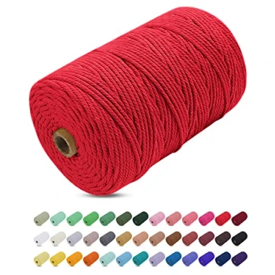 Image of Uiopa Macrame Cord 3mm x 200m, Thick Rope Yarn Soft Natural Cotton Cord, Coloured 4 Ply String for DIY Craft, Plant Hangers, Wall Hanging, Christmas Decorations (Red)