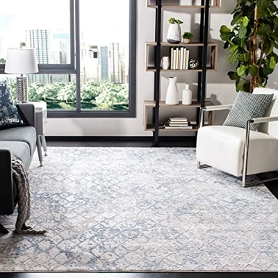 Image of SAFAVIEH Modern Trellis Distressed Rug for Living Room, Dining Bedroom Amelia Collection, Short Pile, in Light Grey and Blue, 91 X 152 cm
