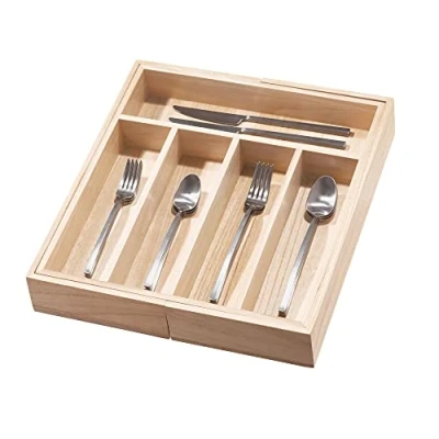 Image of iDesign EcoWood Kitchen Storage Tray, Expandable Utensil Holder Made of Paulownia Wood, Versatile Cutlery for Kitchens, Beige