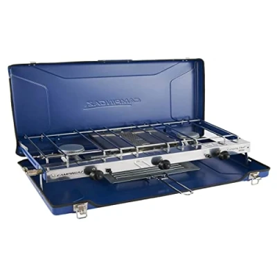 Image of Campingaz Chef Folding Double Burner Stove and Grill, compact gas cooker for camping or festivals, Blue